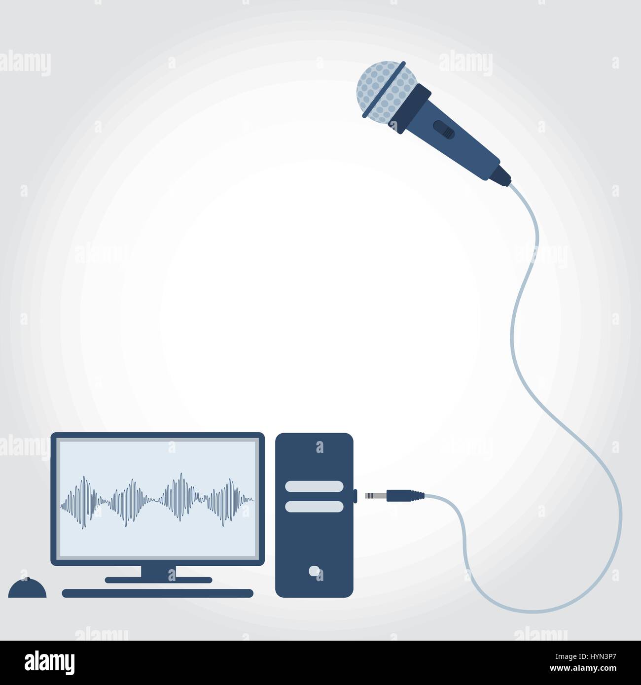 PC with microphone unplugged. Sound wave symbol showing on monitor. Empty space for insert text. Flat design. Stock Vector
