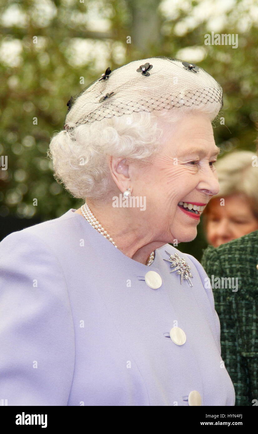 Her Majesty Queen Elizabeth 11 attending the Chelsea flower show in London. Russell Moore portfolio page. Stock Photo