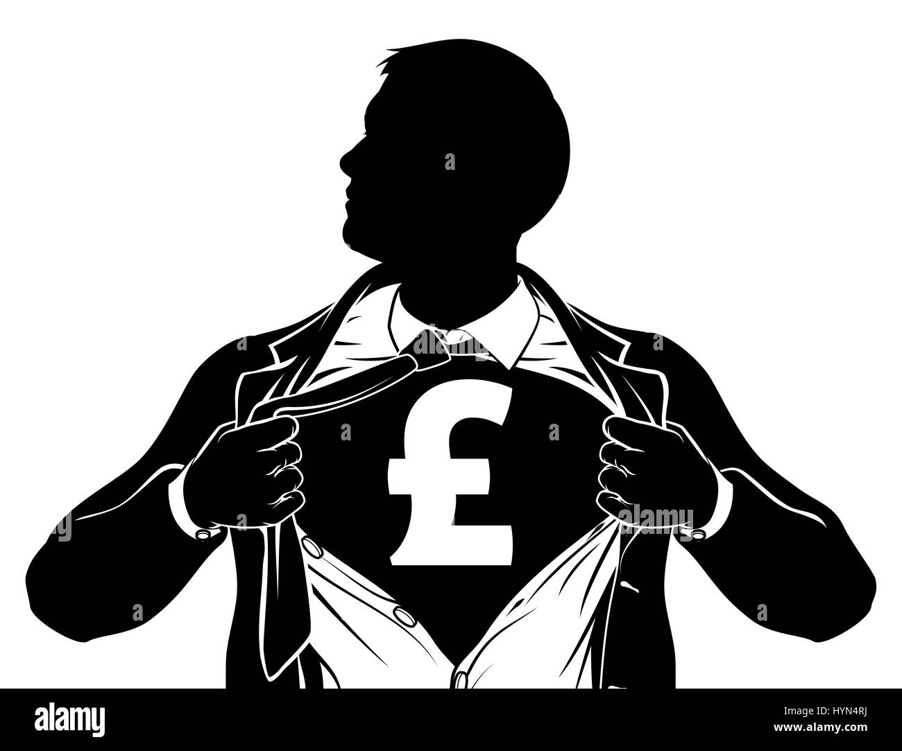A superhero business man tearing his shirt showing the chest of his costume underneath with a pound sign Stock Photo