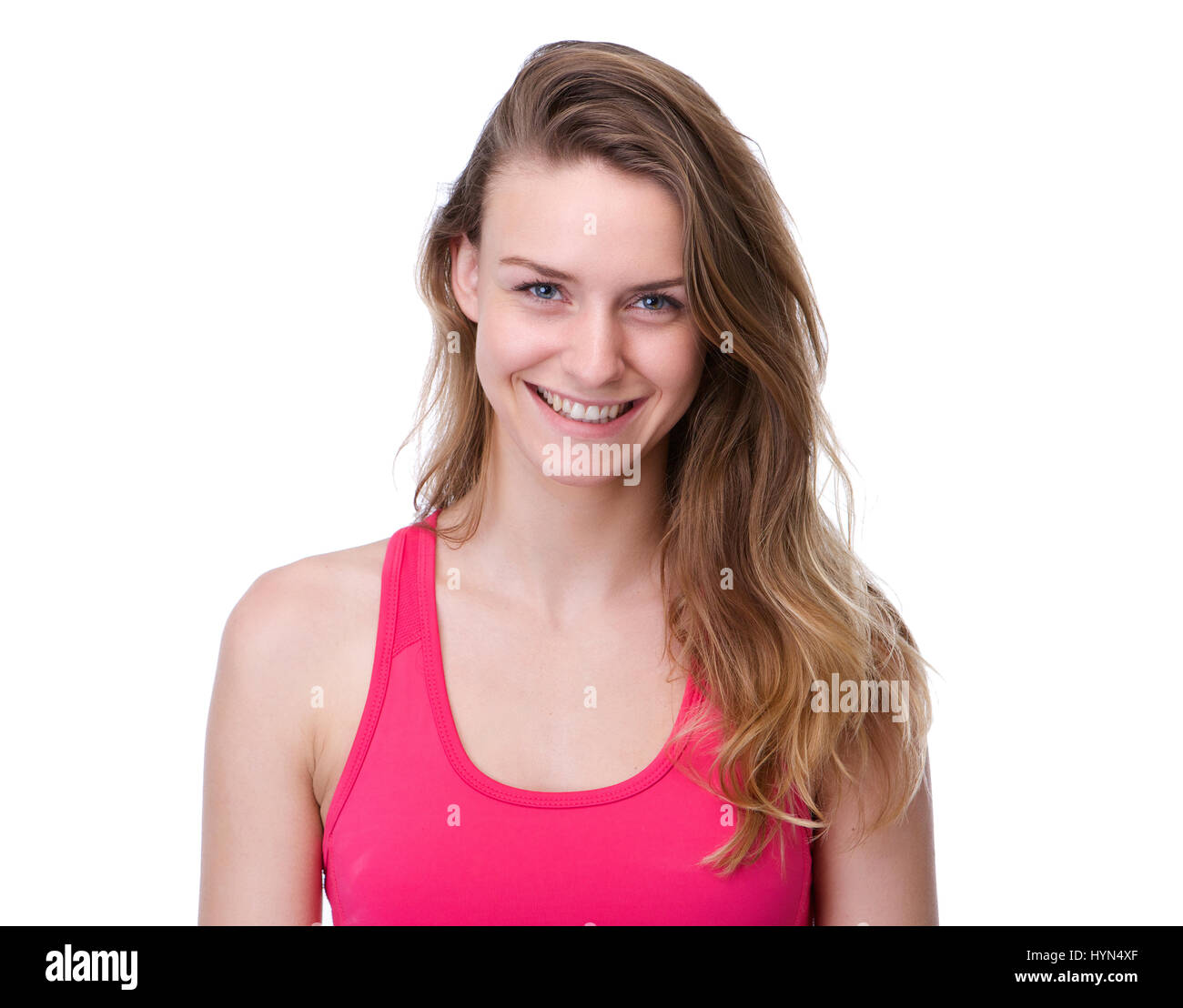 Close up portrait of a cute young woman smiling on isolated white ...