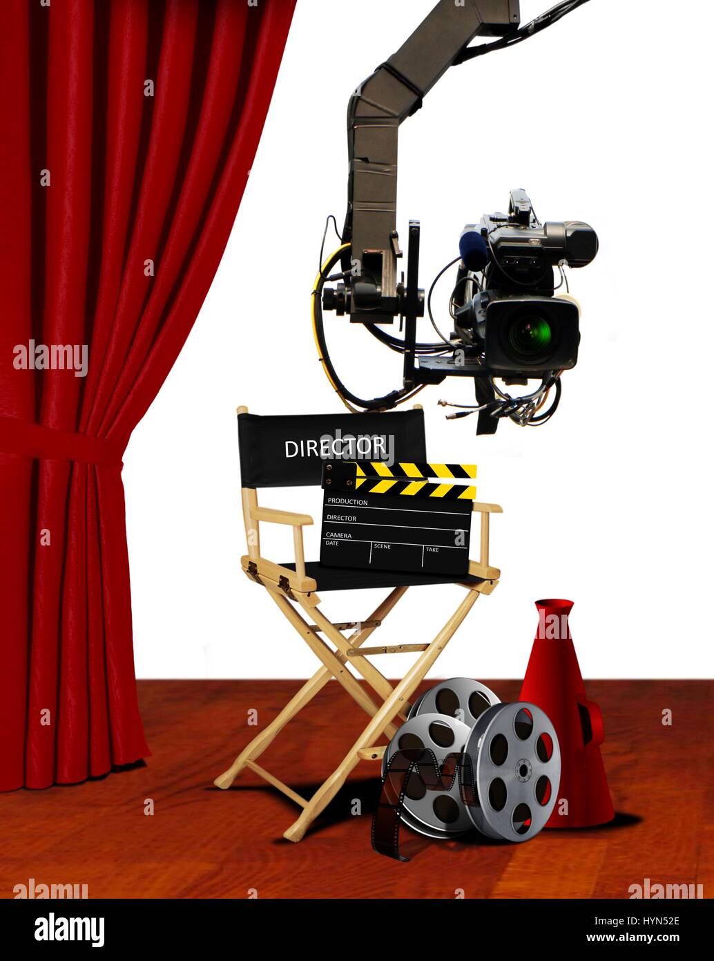 Director seat and movie making equipment on stage Stock Photo Alamy