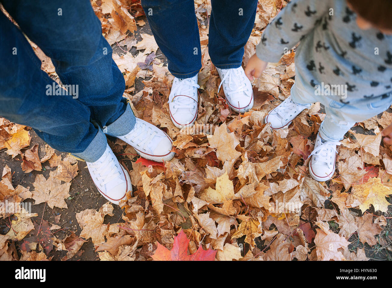 Couple of man and woman with baby Feet in love Romantic open with autumn leaves on background Lifestyle Concept of fashion Stock Photo