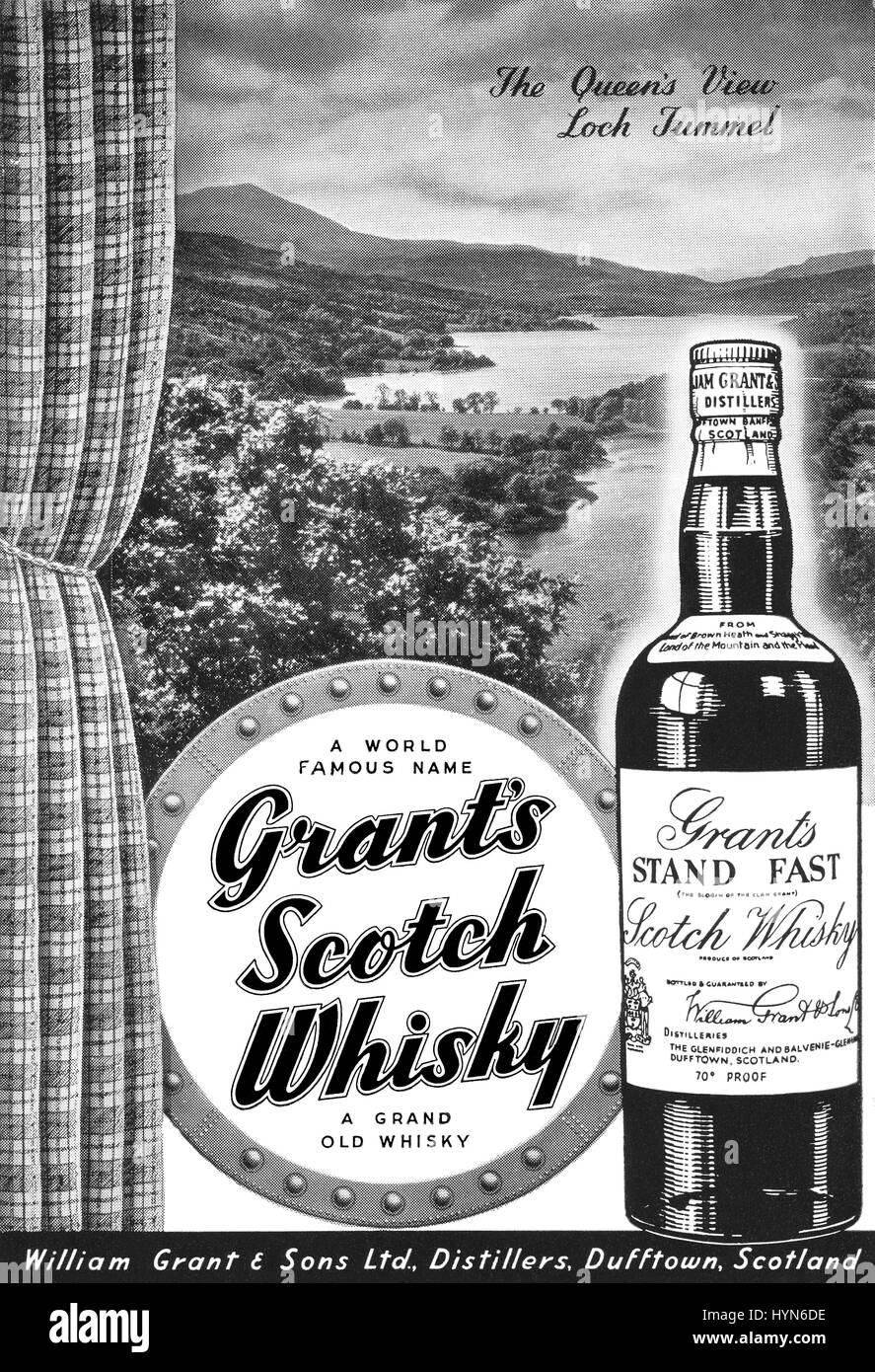 1953 British quarter-page advertisement for Grant's Stand Fast Scotch Whisky. Stock Photo