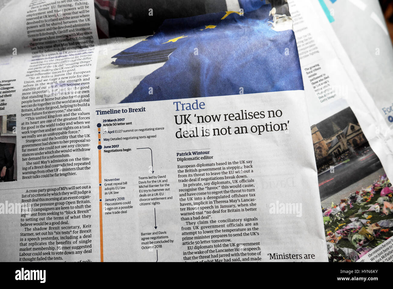 Brexit negotiation article in post spring budget 2017 Guardian newspaper Trade 'Uk 'now realises no deal' is not an option' Stock Photo
