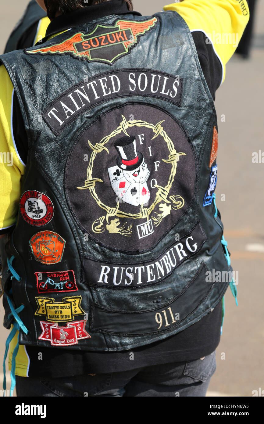 Rustenburg, South Africa - March 3, 2017: Club jacket worn by member at  Yearly Mass Ride of Tainted Souls Motorbike Club, Rustenburg, South Africa  Stock Photo - Alamy