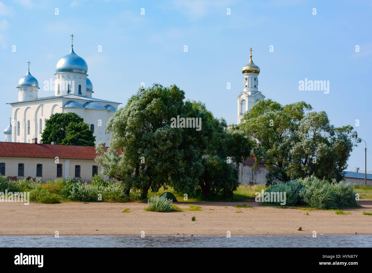 Novgorod Veliky, St. George monastery on the river Volkhov Stock Photo