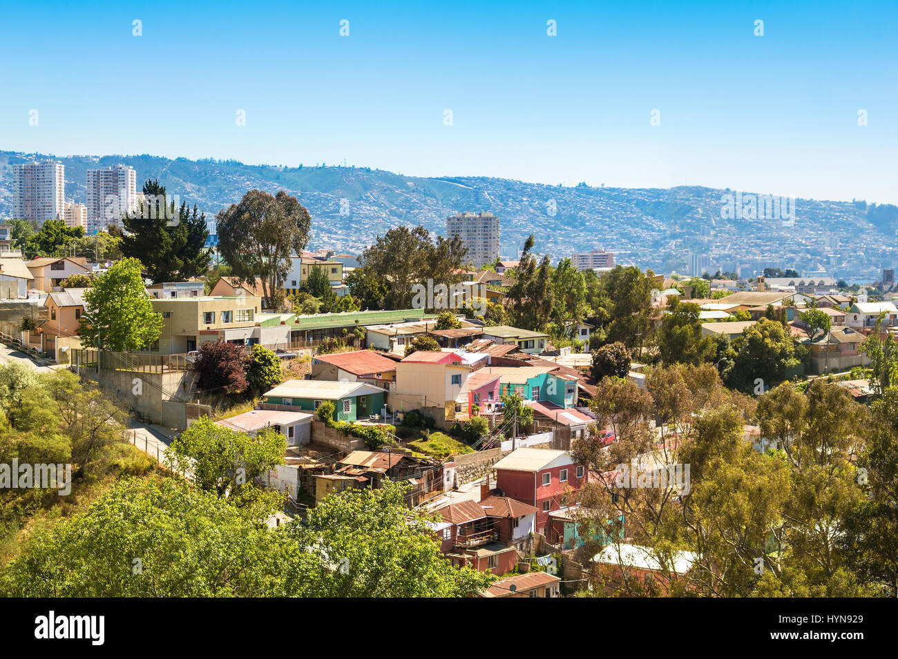 Small houses on the hill in Vina del Mar, Chile Stock Photo