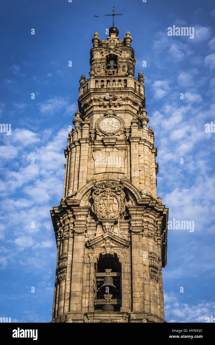 Bell tower of Clerigos Church (Church of the Clergymen) in Vitoria civil parish of Porto city on Iberian Peninsula, second largest city in Portugal Stock Photo