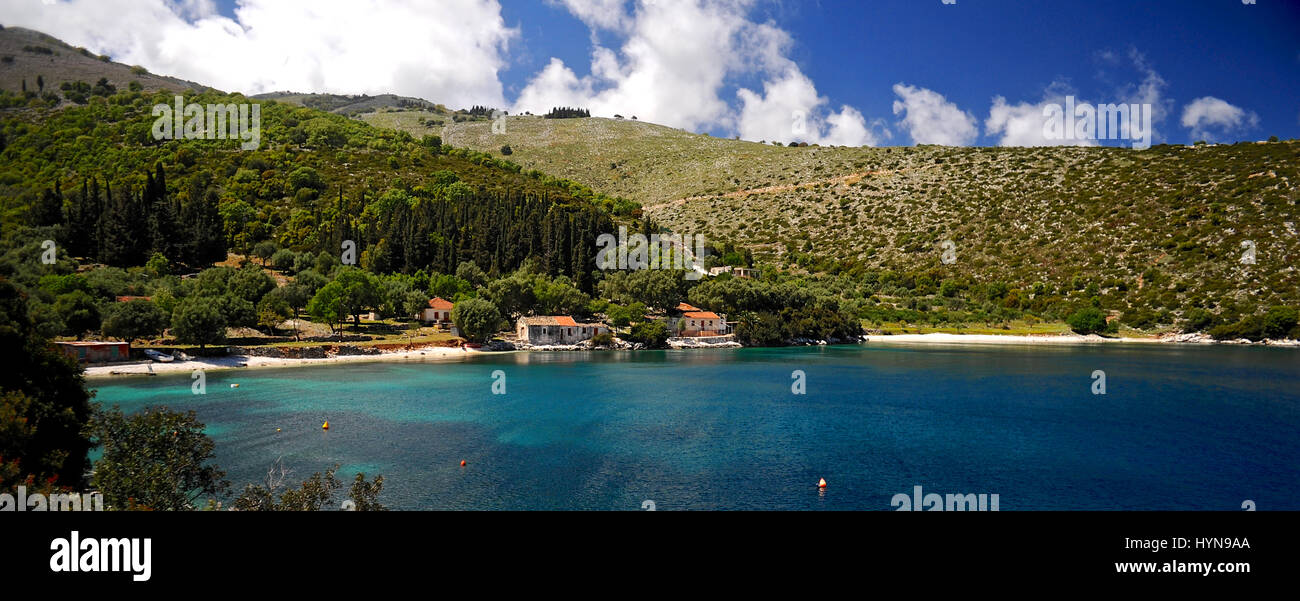 The Island of Kefalonia, Ionian Sea, Greece. A secluded beach and the deep blue Ionian Sea on the east coast of the Greek iskand of Kefalonia. Stock Photo