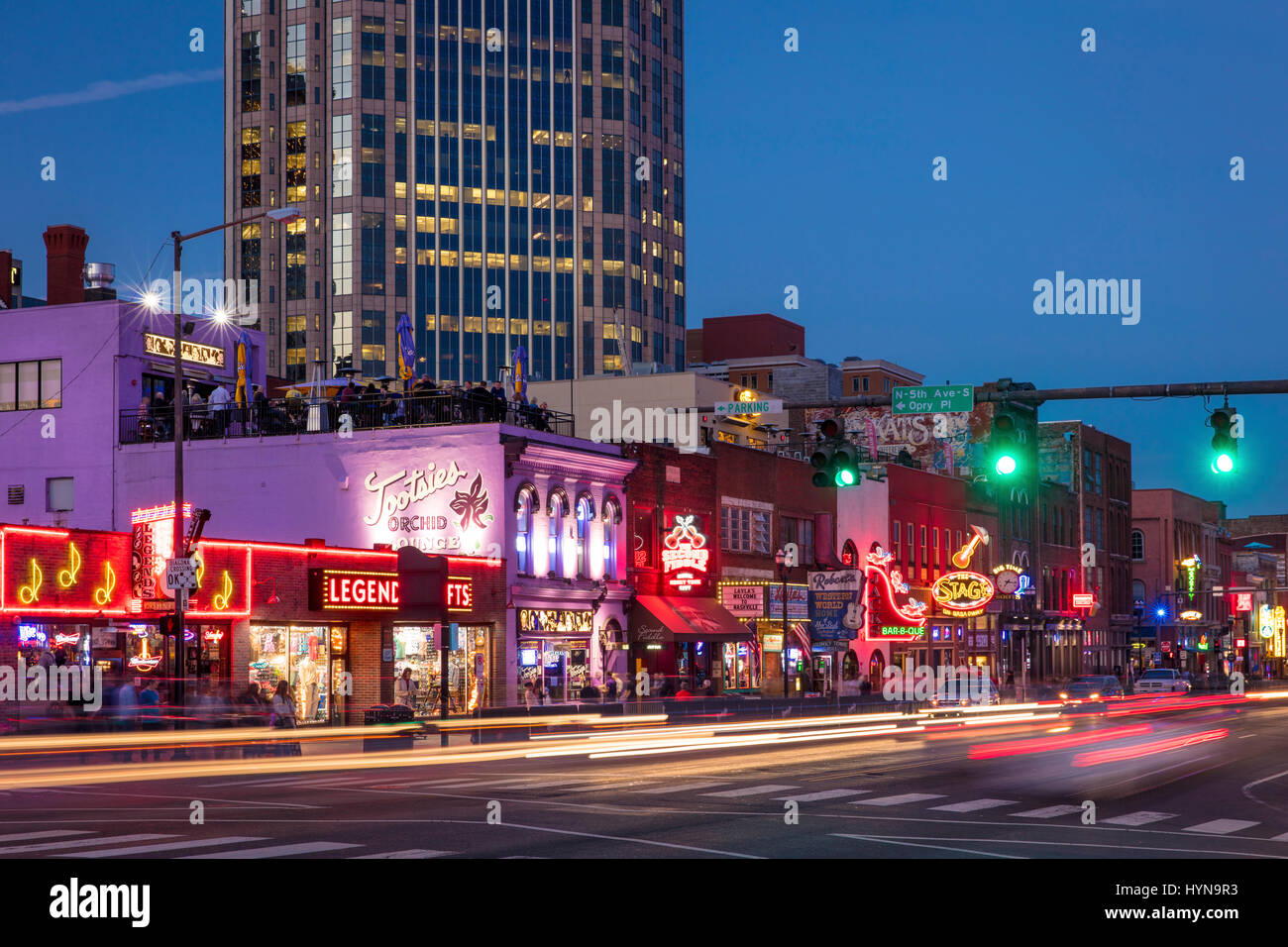 Music clubs along lower Broadway Street in downtown Nashville, Tennessee, USA Stock Photo