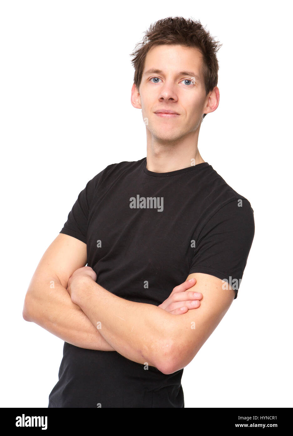Close up portrait of a young man in black shirt posing on isolated ...