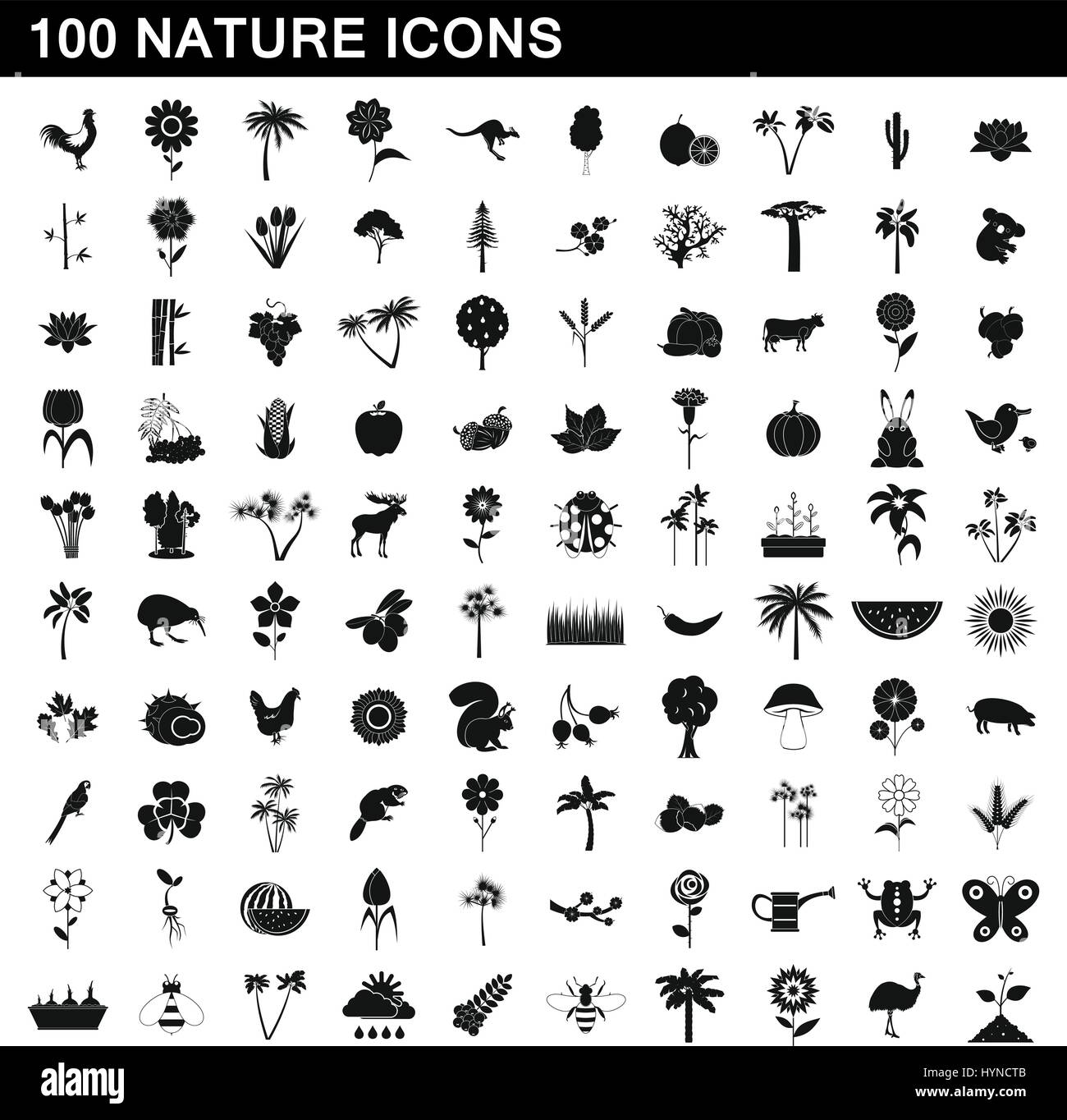 100 nature icons set, simple style Stock Vector
