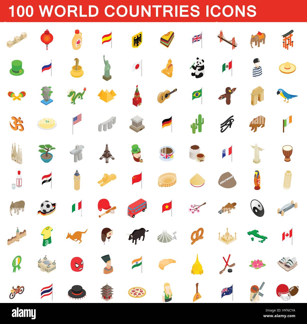 100 World countries icons set, isometric 3d style Stock Vector