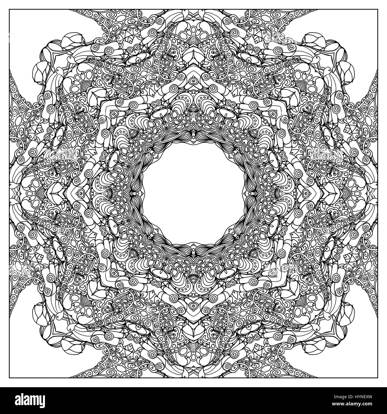 Black vector mono color illustration. Adult Coloring book page design, for adults. Stock Vector