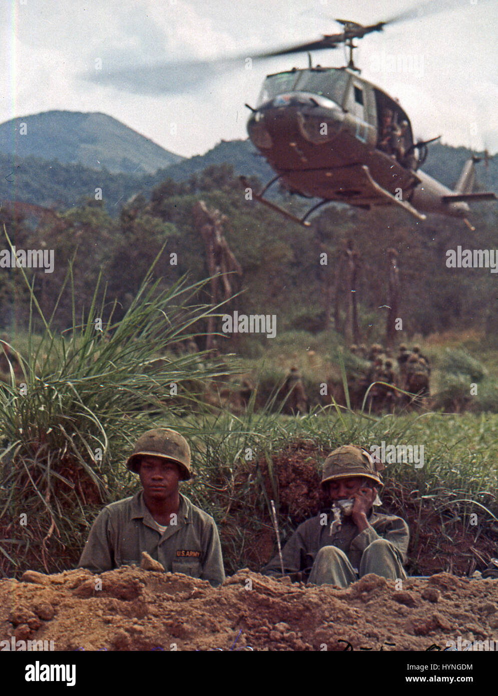 A UH-1D Tactical Transport helicopter used to move US troops into assault area during OPERATION WHITE WING. Near Bong Son, Vietnam, Feb 19, 1966. Stock Photo