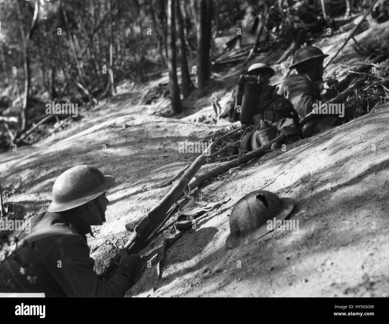 Troops of the US 18th Infantry, 1st Division holed up on the side of Hill 240, near Exermont, Ardennes, France during the Meuse-Argonne Offensive. October 11, 1918. Stock Photo