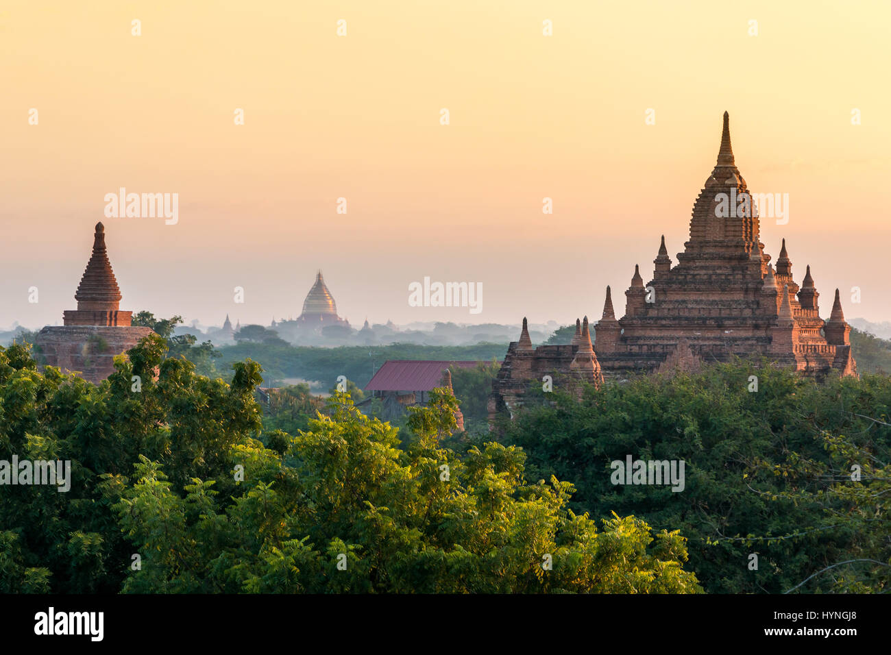 Sun Rise over Temples in Bagan, Myanmar Stock Photo