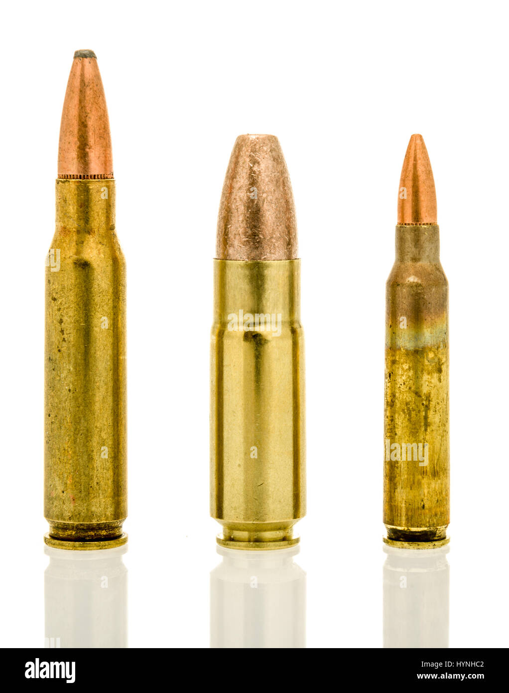 Shot of three standard military rounds for the AR15 platform. 7.62mm