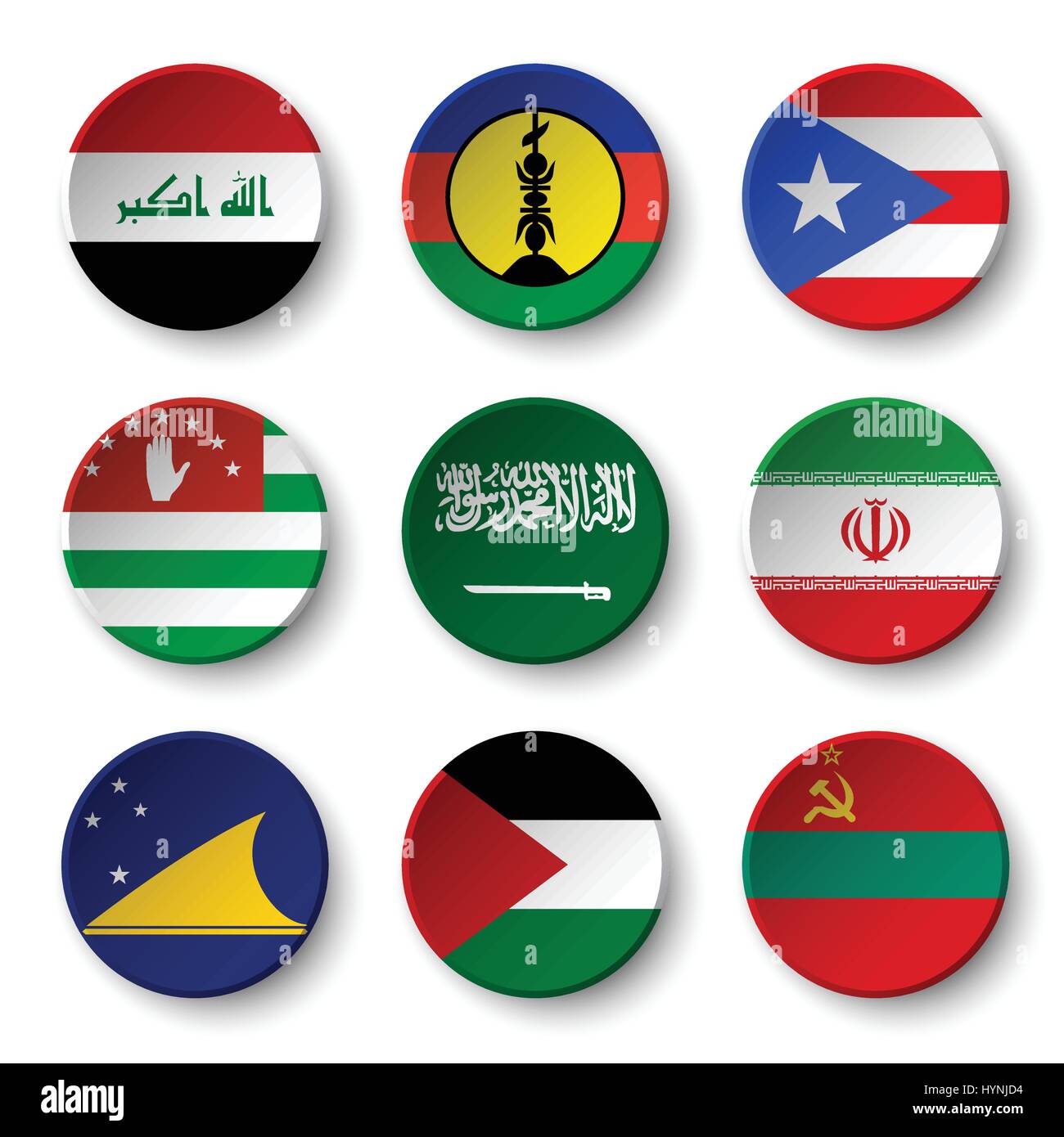 Set of world flags round badges ( Iraq . New Caledonia . Puerto Rico . Abkhazia . Saudi Arabia . Iran . Tokelau . Palestine . Transnistria ) Stock Vector
