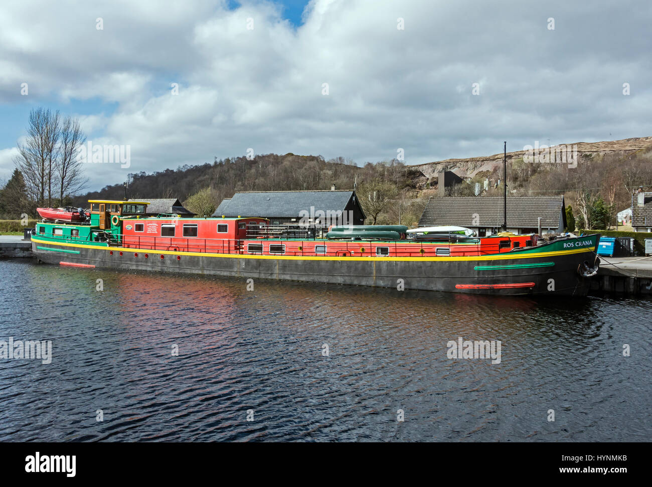 Barge Ros Crana moored in the Caledonian Canal basin at Banavie near Fort William in Highland Scotland UK Stock Photo