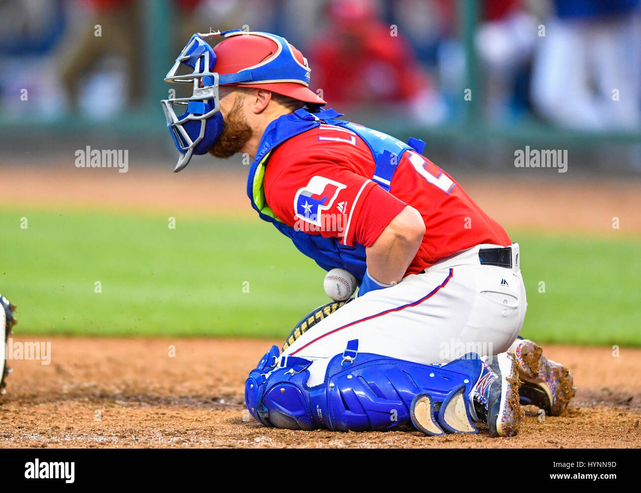 APR 03, 2017: Texas Rangers catcher Jonathan Lucroy #25 drops to his ...