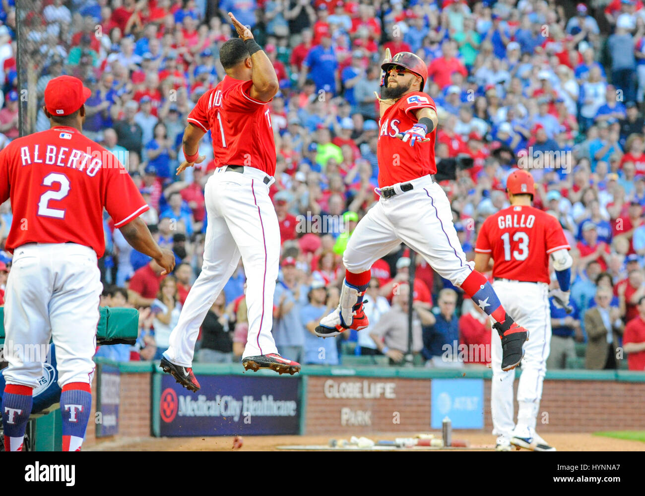 APR 03, 2017: Texas Rangers second baseman Rougned Odor #12 celebrates ...