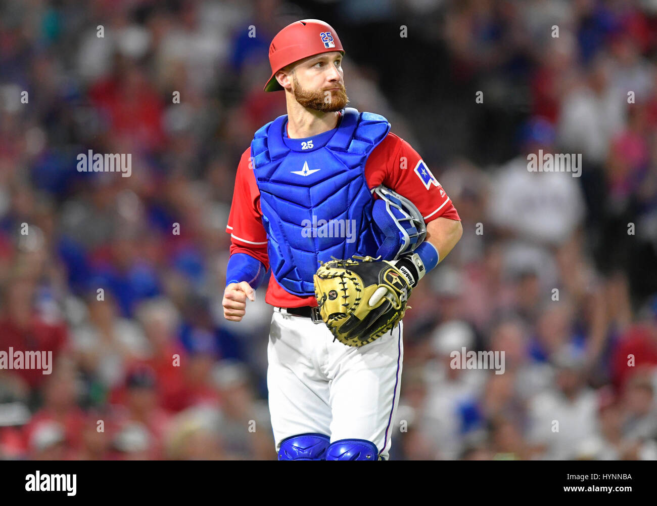 APR 03, 2017: Texas Rangers catcher Jonathan Lucroy #25 during an MLB  Opening Day game between the Cleveland Indians and the Texas Rangers at  Globe Life Park in Arlington, TX Cleveland defeated
