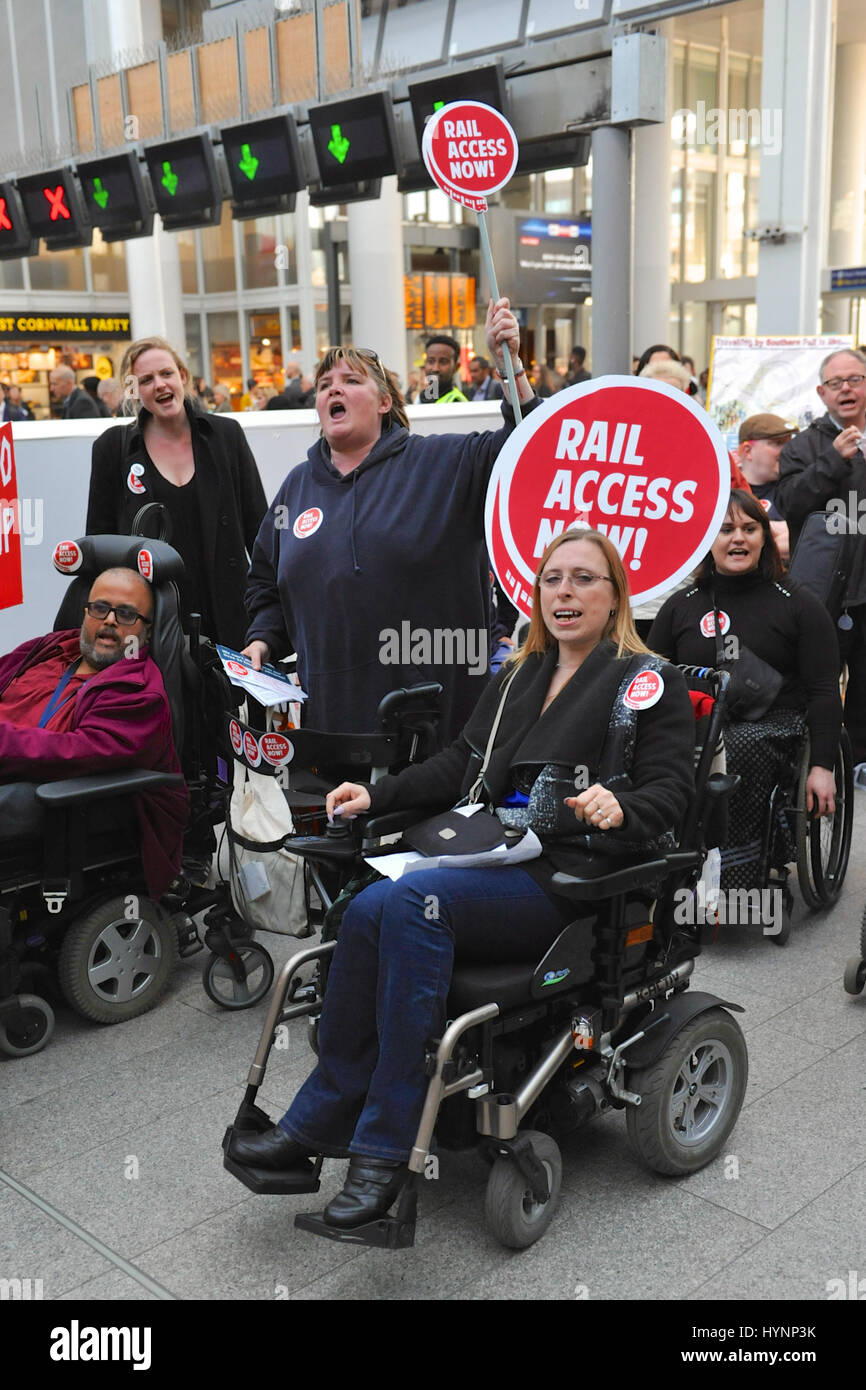London, UK. 5th April, 2017. Protestors from the Transport for All campaign demonstrating at London Bridge station following the Southern Rail decision to withdraw Turn-Up-and-Go assistance from 33 stations across their rail network making it much harder for disable people to travel. Credit: Michael Preston/Alamy Live News Stock Photo