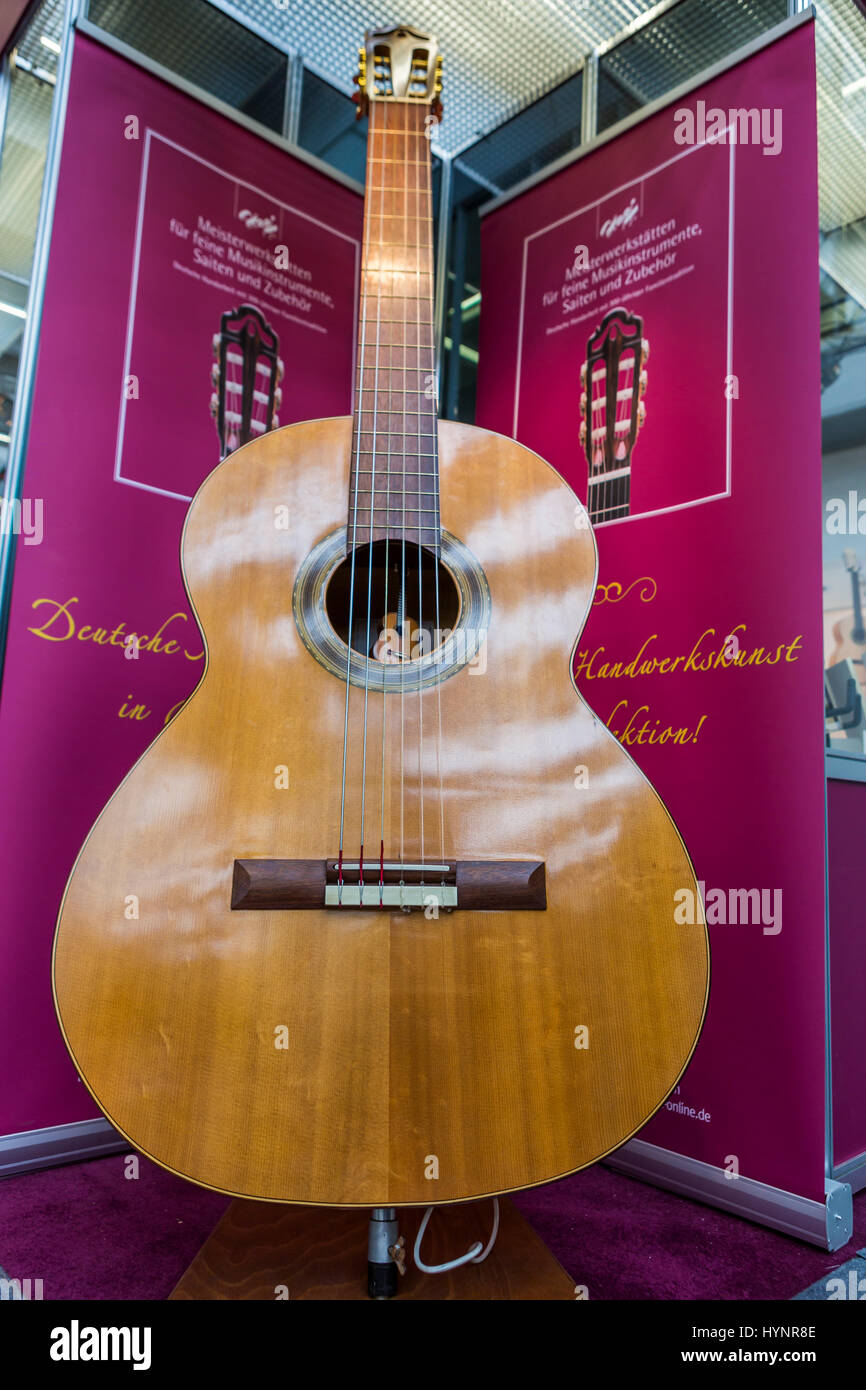 Frankfurt/Main, Germany. 5th April, 2017. Oversized guitar model Gigante (1986) of  manufacturer Dieter Hopf (Germany), built at  apprenticeship workshop. The Musikmesse Frankfurt is the international trade fair for musical instruments, sheet music, music production and marketing. Credit: Christian Lademann Stock Photo
