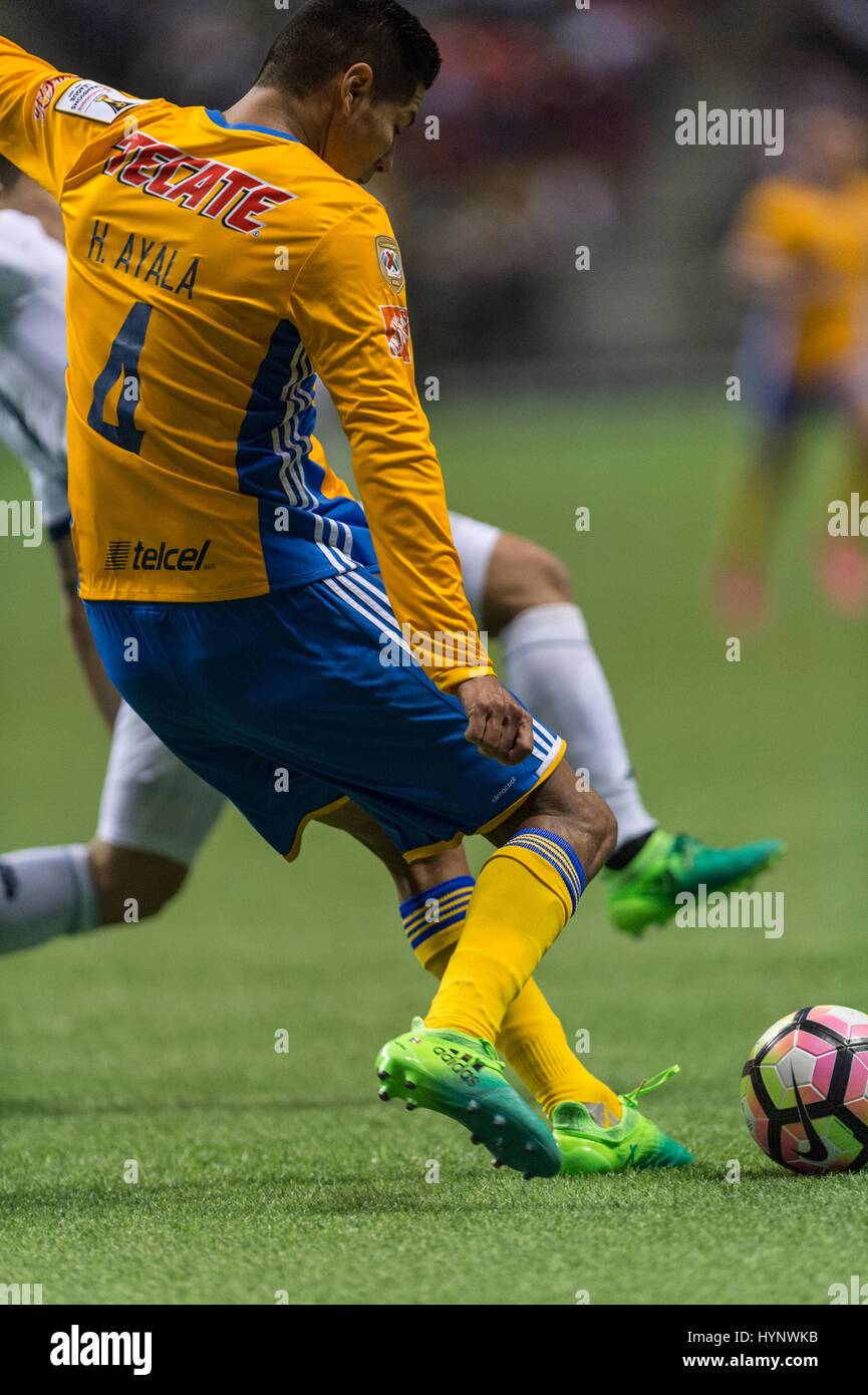 Vancouver, Canada. 5th Apr, 2017. Hugo Ayala (4) of Tigres UANL controlling the ball. Tigres defeat Whitecaps 2-1. Concacaf semi-finals, Vancouver Whitecaps vs Tigres UANL, BC Place Stadium. Credit: Gerry Rousseau/Alamy Live News Stock Photo