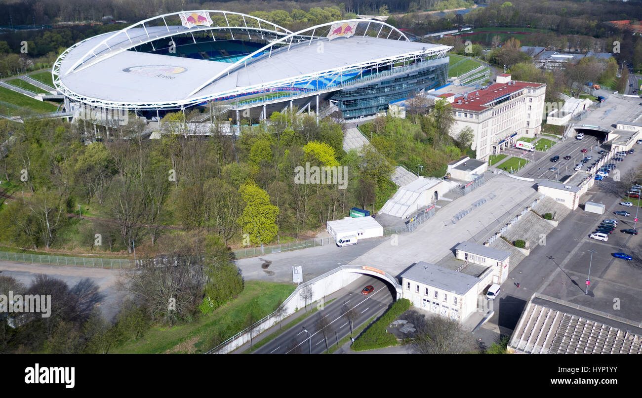 View of the Red Bull Arena, the stadium of RB Leipzig, in Leipzig, Germany, 6 April 2017. Photographed with a drone. German Bundesliga soccer club RB Leipzig faces Bayer Leverkusen at the stadium on Saturday, 8 April. Photo: Jan Woitas/dpa-Zentralbild/dpa Stock Photo