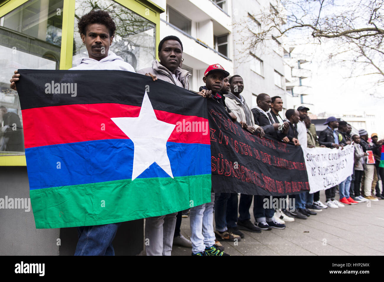 Berlin, Berlin, Germany. 6th Apr, 2017. About 100 protesters rally in front of the Sudanese Embassy in Berlin against the persistent human rights violations in Sudan. They declare their solidarity with the protests in Sudan. Sudanese President OMAR AL-BASHIR, wanted by the ICC for war crimes and crimes against humanity. (German: Etwa 100 Aktivisten demonstrieren vor der sudanesischen Botschaft in Berlin gegen die anhaltenden Menschenrechtsverletzungen im Sudan. Sie erklÃ¤ren sich solidarisch mit den dortigen Protesten. Der Internationale Strafgerichtshof (IStGH) in Den Haag sucht den Staatsp Stock Photo