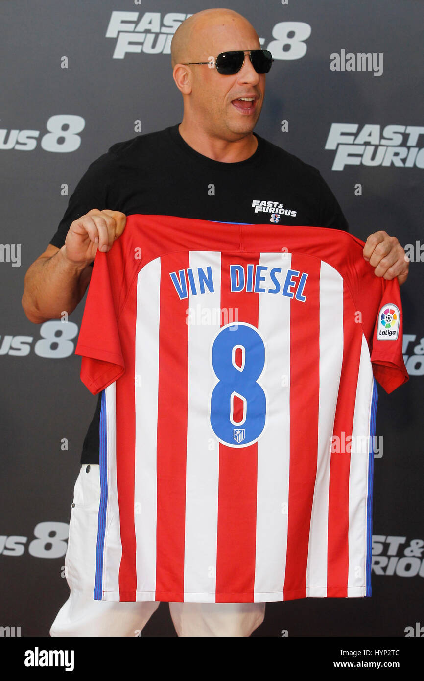Madrid, Spain. 6th April, 2017. Vin Diesel pictured with Atletico de Madrid  soccer T-Shirt during the promotion for the new movie Fast & Furious 8 (The  Fate of the Furious) at the