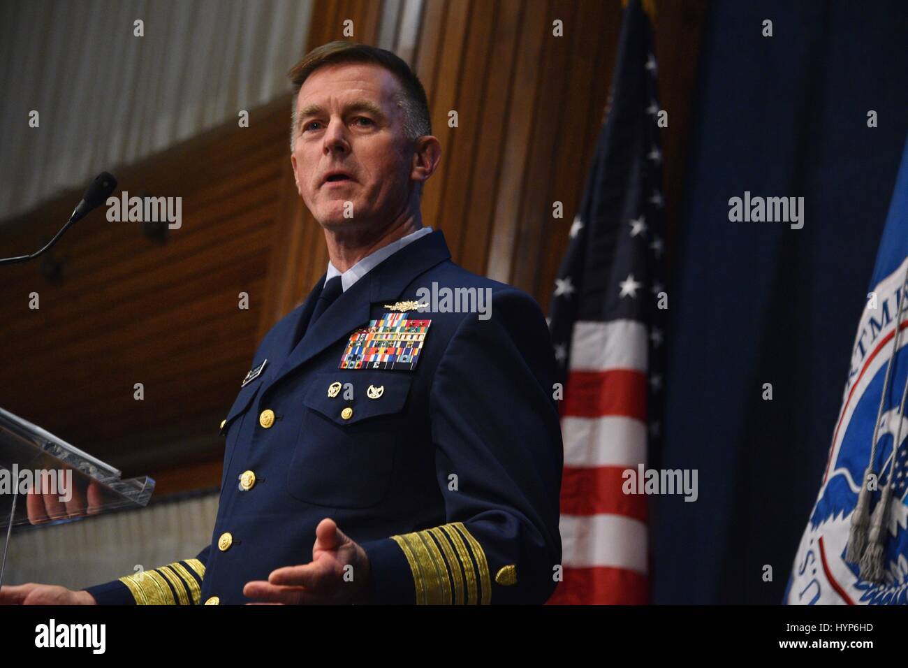 U.S. Coast Guard Commandant Paul Zukunft delivers the 2017 State of the Coast Guard Address at the National Press Club March 16, 2017 in Washington, DC. Stock Photo