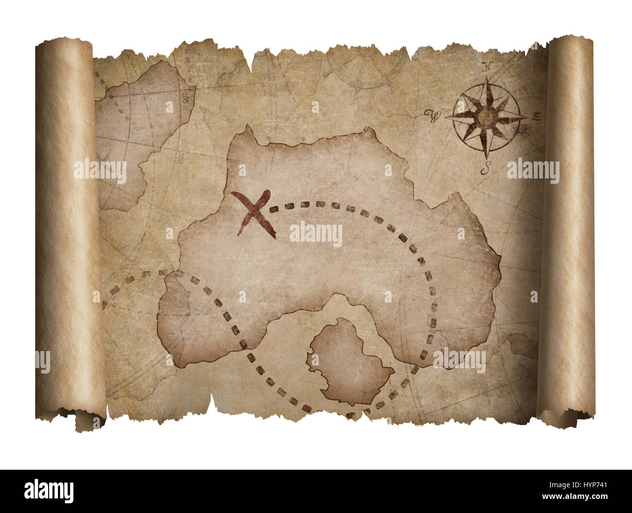 old pirates treasure scroll with torn edges map isolated Stock Photo