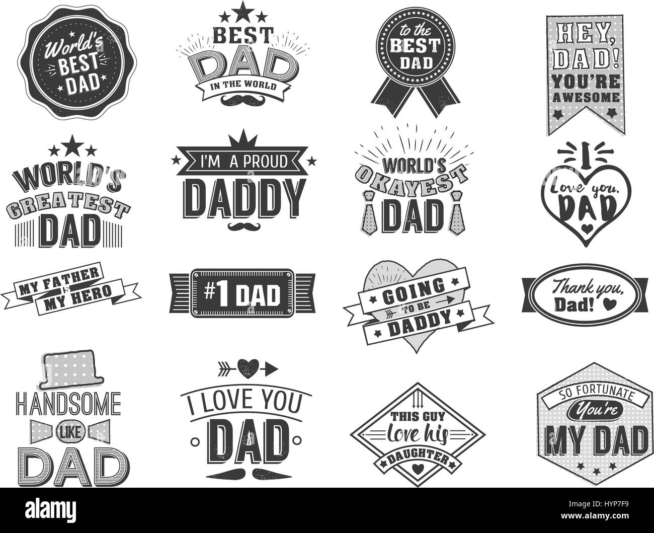 Isolated Happy fathers day quotes on the white background. Dad congratulation label, badge vector collection. Mustache, hat, stars elements for your design Stock Vector