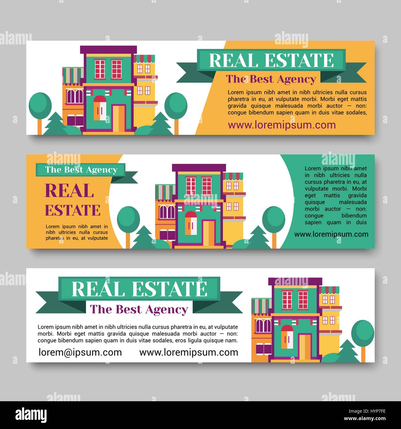 Real estate flat horizontal banner set with house logo, ribbon, trees. Village apartment rental and buying vector illustration Stock Vector