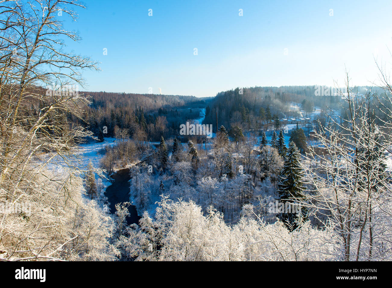 snowy winter landscape with snow covered trees and blue sky Stock Photo ...