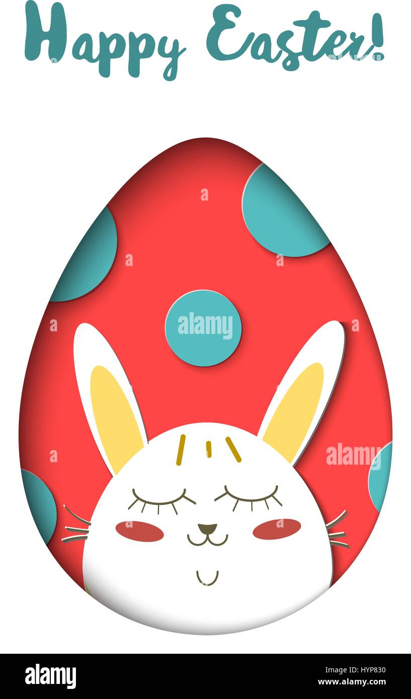 Greeting card with Happy Easter - rabbit and egg. Funny Bunny spring holiday cartoon. Vector cut out paper symbol in oval as egg Stock Vector