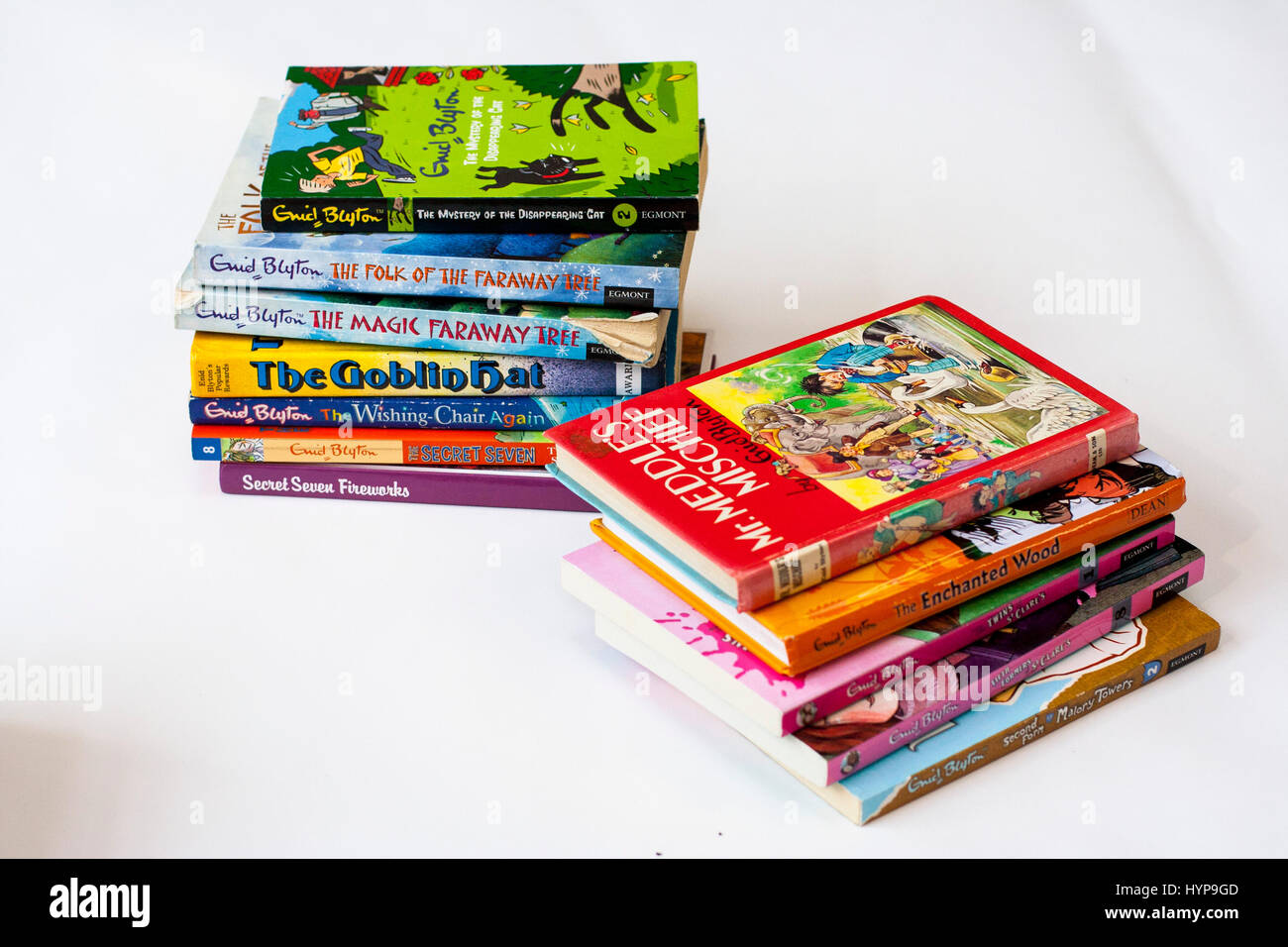 Stack Pile of Enid Blyton children's books, kids books, reading concept, childhood concept, classics novels, childrens favourites Stock Photo