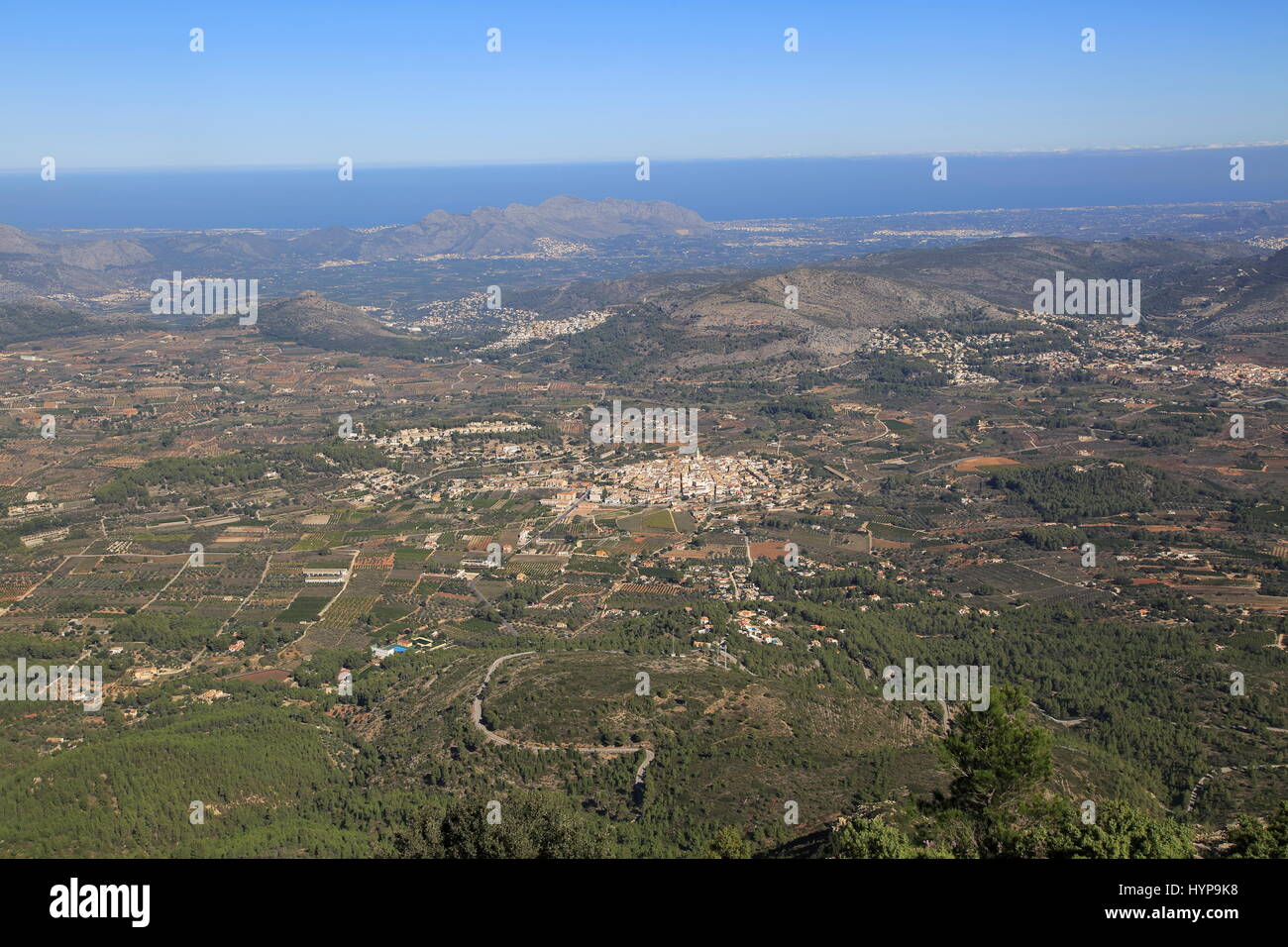 Raised view over Parcent village and Pop Valley, La Marina Alta, Alicante province, Spain Stock Photo