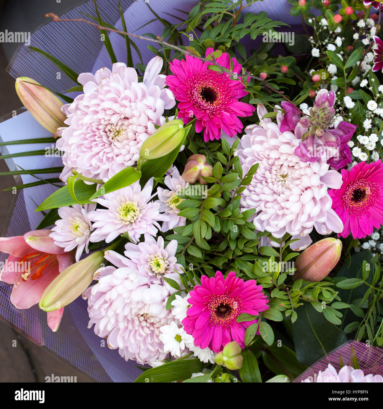 Bouquet of chrysanthemums, gerberas, chamomiles in paper packing Stock Photo