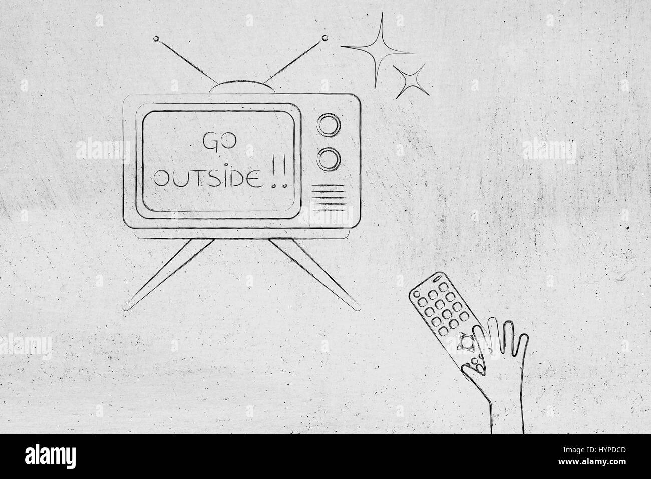 television screen with message Go Outside and hand holding remote