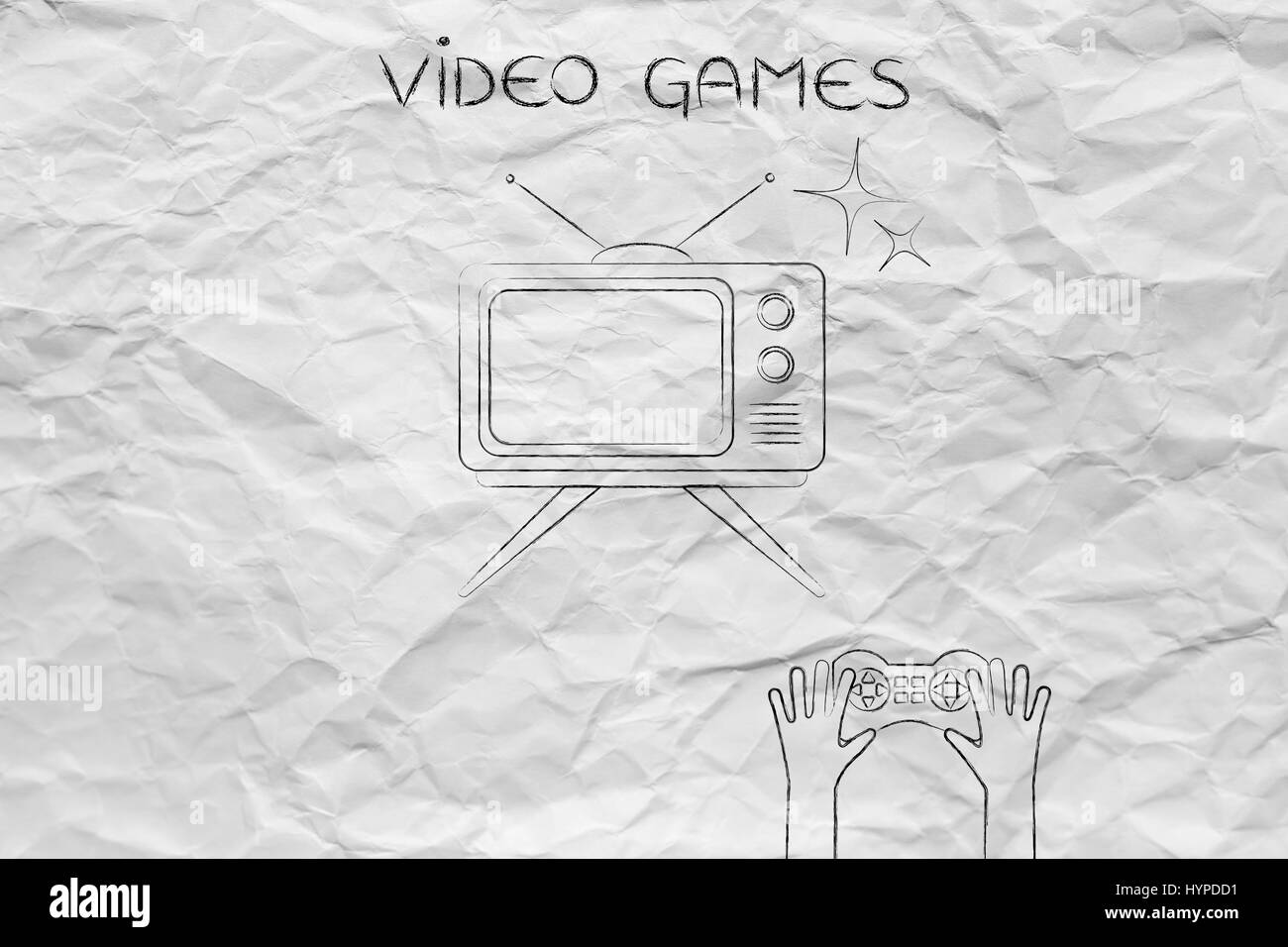 retro style television screen and hand holding video games joystick