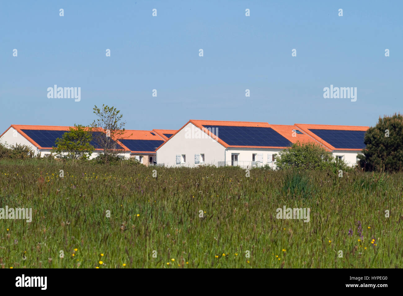 France, North-Eastern France, Brittany, Les Moutiers-en-Retz, solar panels on the roofops of collective dwellings Stock Photo