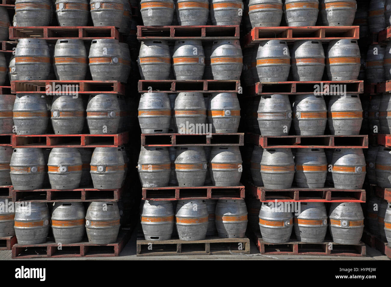 Pallets loaded with beer barrels at Adnams brewery distribution centre