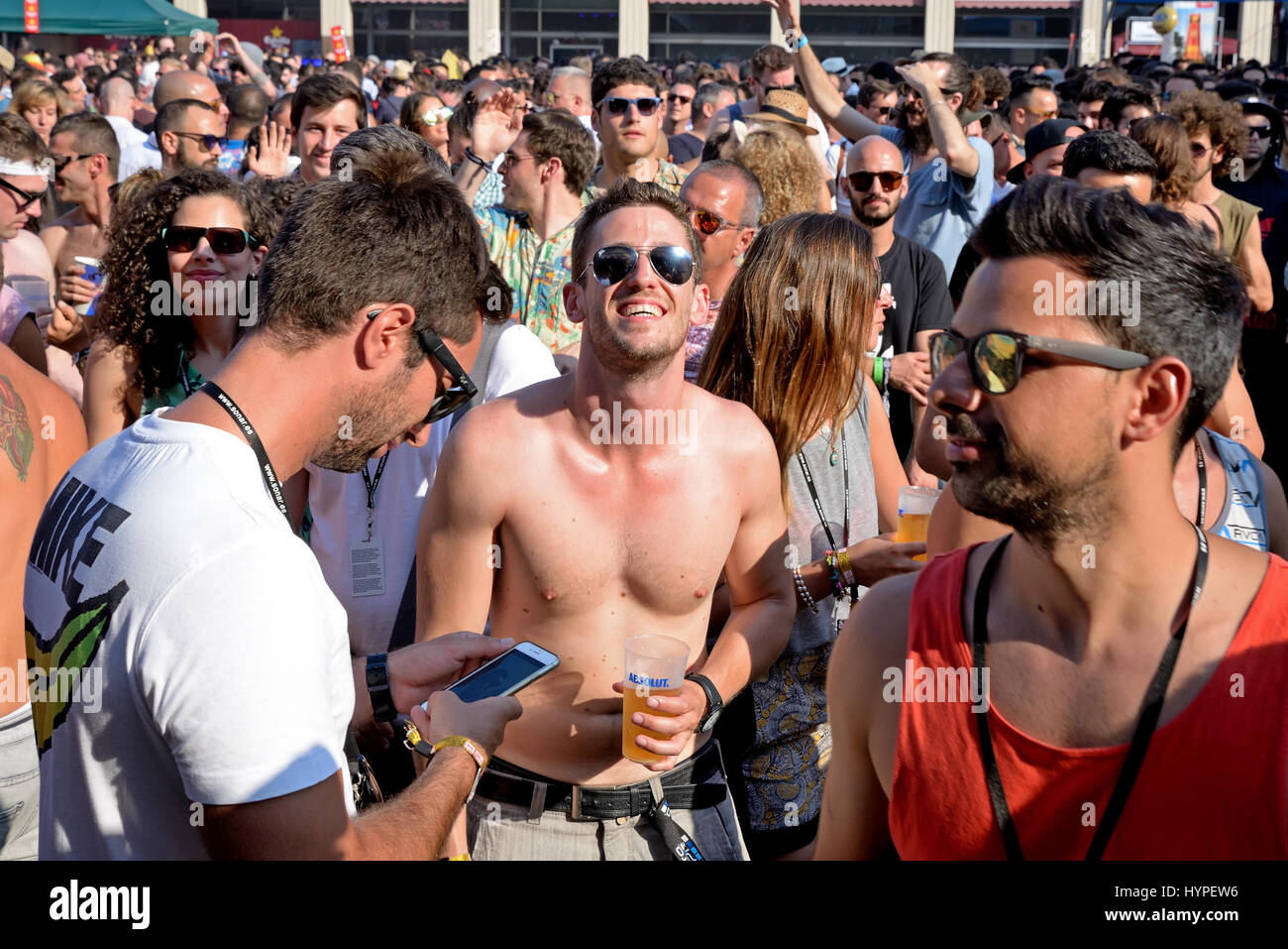 BARCELONA - JUN 19: Crowd dance in a concert at Sonar Festival on June 19, 2015 in Barcelona, Spain. Stock Photo