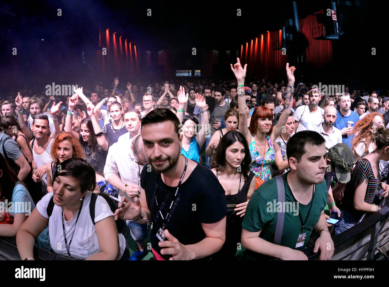 BARCELONA - JUN 19: Crowd dance in a concert at Sonar Festival on June 19, 2015 in Barcelona, Spain. Stock Photo