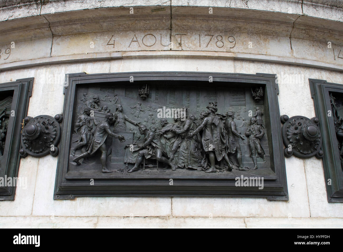 France, Paris, 3rd district, Place de la Republique, bronze bas-relief by Leopold Morice : 'August, 4th, 1789', abolition of the feudal system and the privileges Stock Photo