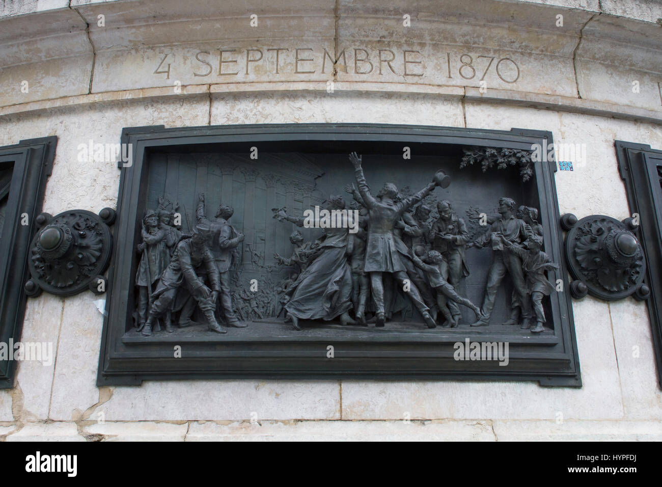 France, Paris, 3rd district, Place de la Republique, bronze bas-relief by Leopold Morice : 'September, 4th, 1870', proclamation of the Republic Stock Photo